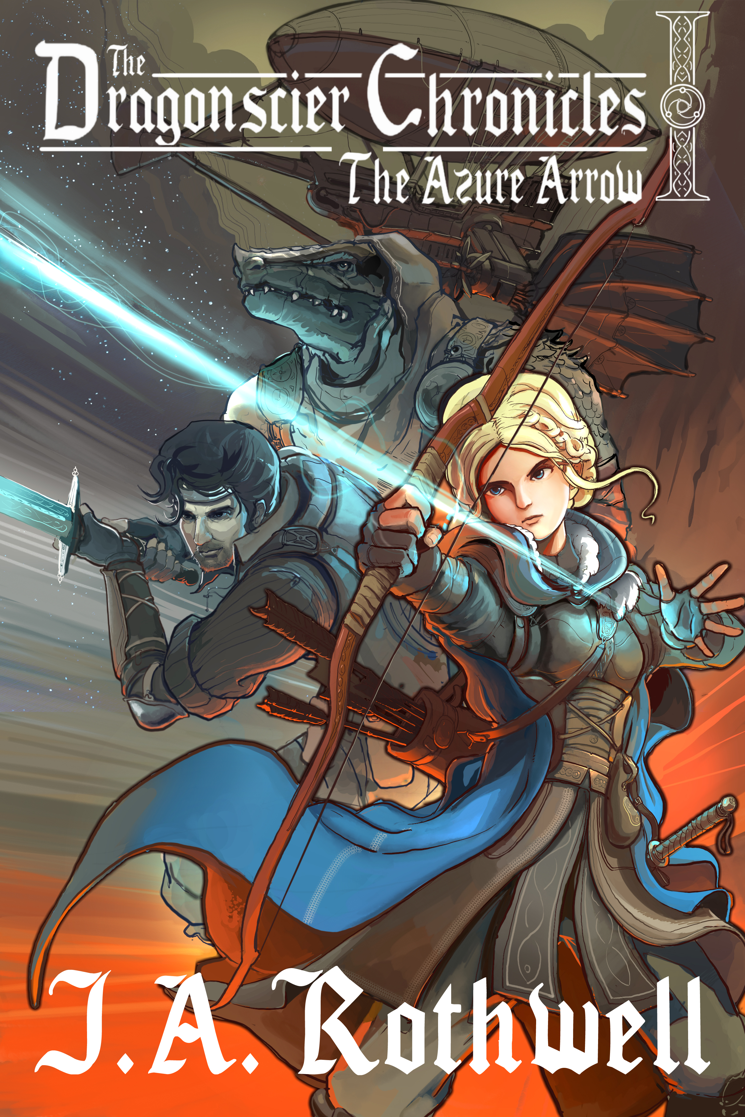 Book cover showing young woman shooting an arrow, a young man ready with a sword, a dragon man behind them and an airship hovering in the background